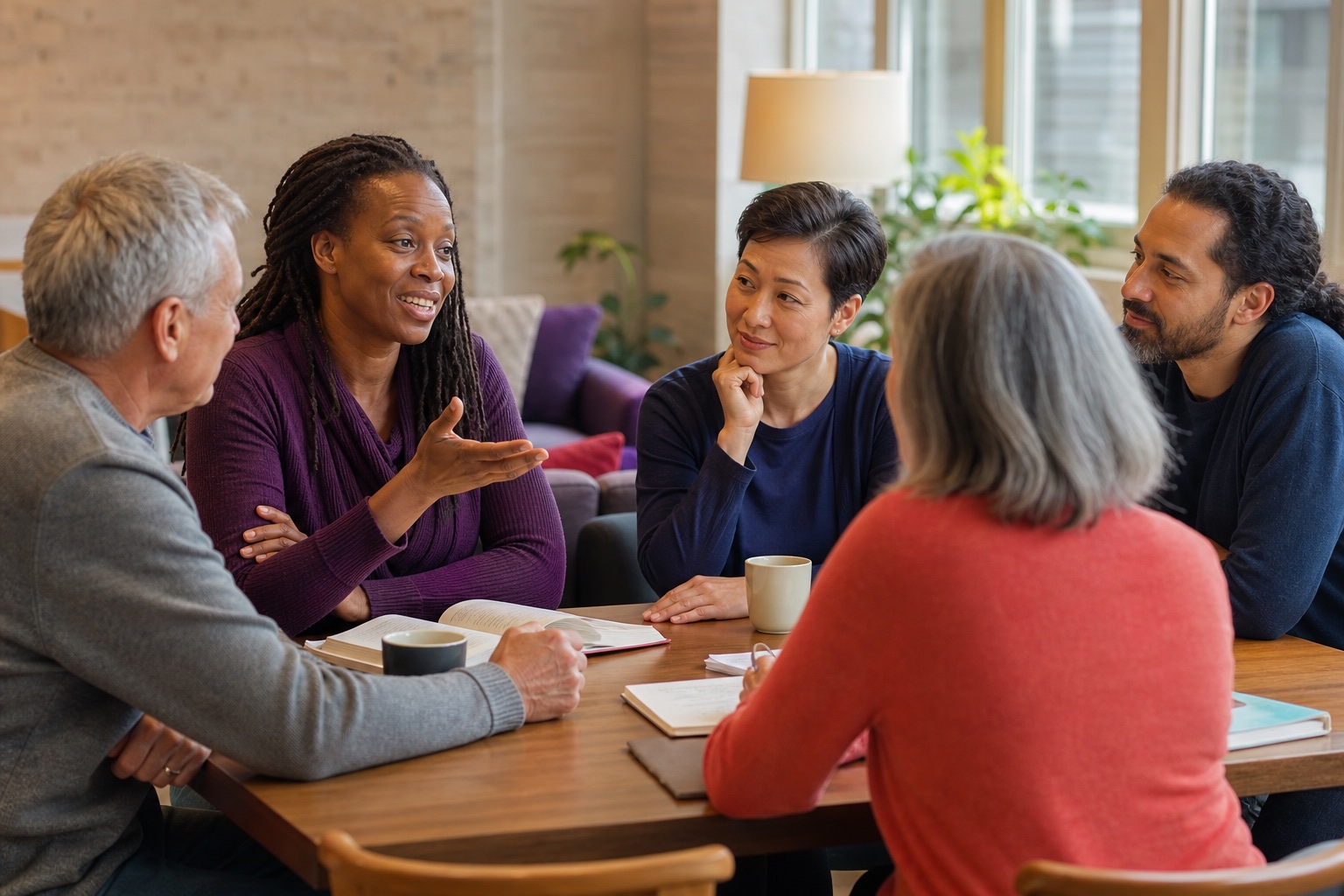 People sharing ideas around a table